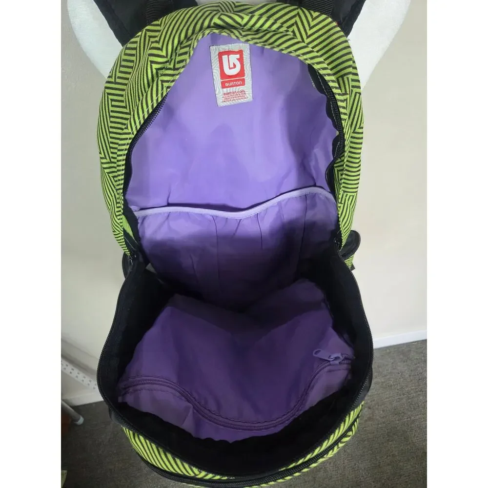 Burton Vintage Snowboard Backpack Daypack Green & Black Purple Interior
